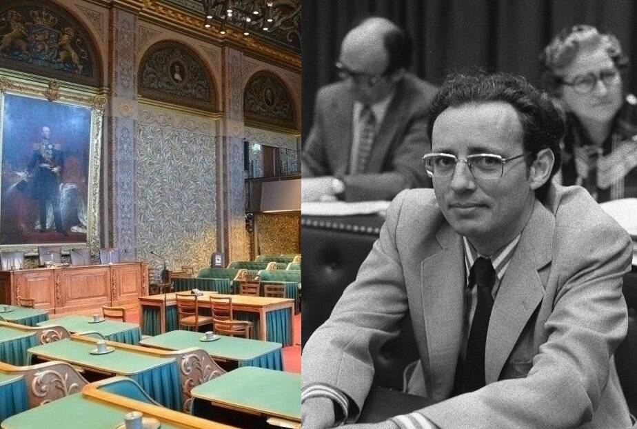 Fotocollage van de plenaire zaal van het Binnenhof en Arend Vermaat