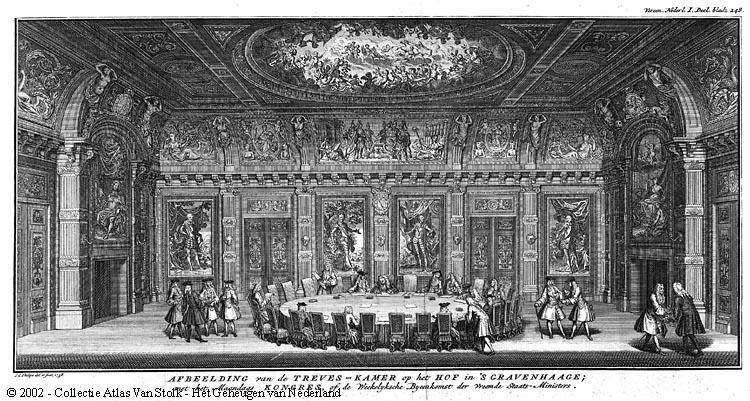 Bijeenkomst in de Treveskamer, de vergaderzaal van de Staten-Generaal in de 18e eeuw