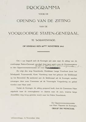 Programma van de opening van de vergadering van de voorlopige Staten-Generaal op 20 november 1945