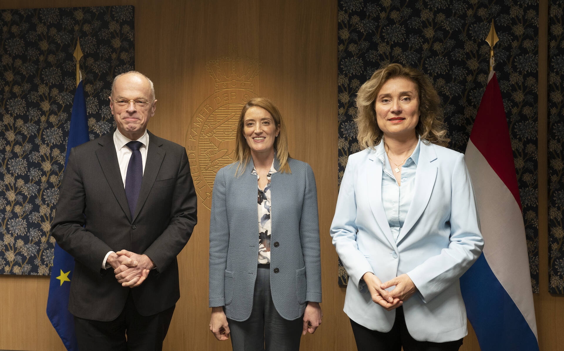 Jan Anthonie Bruijn (l), Roberta Metsola (m) en Vera Bergkamp (r)